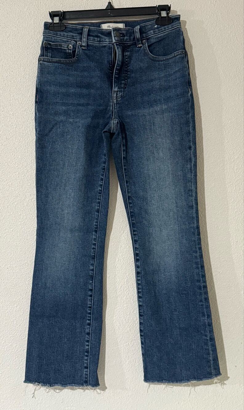 Madewell Kick Out Full Length Slight Flare Jeans Dark Wash Raw Hem Denim Womens